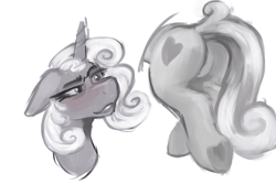 Size: 2339x1654 | Tagged: safe, artist:anon_1515, oc, oc only, pony, unicorn, bedroom eyes, blushing, bust, butt, curly hair, curly mane, disembodied head, dock, eyebrows, featureless crotch, female, floppy ears, mare, monochrome, painterly, plot, raised eyebrow, simple background, sketch, smiling, solo, sultry pose, tail, underhoof, white background