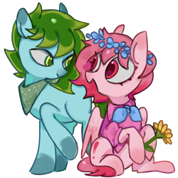 Size: 2560x2560 | Tagged: safe, artist:metaruscarlet, oc, oc only, oc:metaru scarlet, oc:yomogi artemisia, earth pony, pegasus, pony, 2024 community collab, derpibooru community collaboration, bandana, clothes, duo, duo male and female, earth pony oc, female, flower, flower in hair, high res, male, markings, nonbinary, pegasus oc, shirt, simple background, transparent background, wings