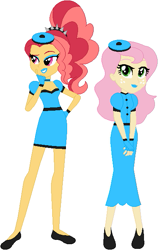 Size: 405x642 | Tagged: safe, artist:sturk-fontaine, oc, oc:briar apple, oc:scarlet dawn, human, fanfic:her way with words, equestria girls, g4, base used, beret, blue lipstick, breasts, cleavage, duo, duo female, female, hat, latex dress, lipstick, simple background, white background