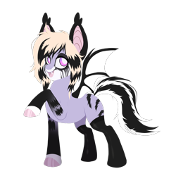 Size: 2000x2000 | Tagged: safe, artist:toshitoki, oc, oc only, oc:evelynn, bat pony, hybrid, skunk, clothes, colored hooves, emo, fangs, female, high res, makeup, mare, open mouth, open smile, raised hoof, running makeup, simple background, smiling, solo, spread wings, stockings, tail, thigh highs, transparent background, wings