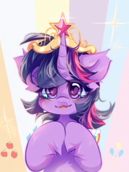 Size: 1919x2560 | Tagged: safe, artist:vanilla-chan, twilight sparkle, pony, unicorn, g4, applejack's cutie mark, big crown thingy, crylight sparkle, cute, element of magic, eye clipping through hair, eyebrows, eyebrows visible through hair, female, floppy ears, high res, hooves together, horn, jewelry, looking at you, mare, pinkie pie's cutie mark, rainbow dash's cutie mark, rarity's cutie mark, regalia, smiling, smiling at you, solo, sparkles, sparkly eyes, teary eyes, twiabetes, unicorn twilight, wingding eyes