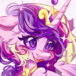 Size: 2560x2560 | Tagged: safe, artist:vanilla-chan, princess cadance, alicorn, pony, g4, blushing, bust, crown, cute, cutedance, ear fluff, eyebrows, eyebrows visible through hair, female, high res, horn, jewelry, mare, open mouth, open smile, regalia, simple background, smiling, solo, sparkles, white background, wings