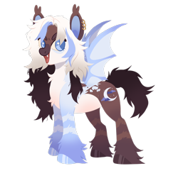 Size: 1478x1426 | Tagged: safe, artist:toshitoki, oc, oc only, bat pony, bat pony oc, ear piercing, earring, fangs, hooves, jewelry, looking at you, messy mane, multicolored hooves, open mouth, open smile, piercing, simple background, smiling, solo, spread wings, tail, transparent background, unshorn fetlocks, wings