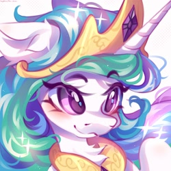 Size: 2560x2560 | Tagged: safe, artist:vanilla-chan, princess celestia, alicorn, pony, g4, blushing, bust, chest fluff, crown, cute, cutelestia, ear fluff, eyebrows, eyebrows visible through hair, female, high res, horn, jewelry, mare, peytral, regalia, simple background, smiling, solo, sparkles, white background