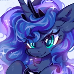 Size: 2560x2560 | Tagged: safe, artist:vanilla-chan, princess luna, alicorn, pony, g4, blushing, chest fluff, crown, cute, ear fluff, eye clipping through hair, eyebrows, eyebrows visible through hair, female, high res, horn, jewelry, lunabetes, mare, regalia, simple background, smiling, solo, sparkles, white background