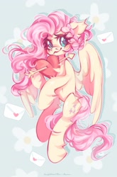 Size: 1690x2560 | Tagged: safe, artist:vanilla-chan, fluttershy, pegasus, pony, g4, arrow, blushing, cute, female, heart, hearts and hooves day, high res, letter, looking at you, love letter, mare, partially open wings, shyabetes, smiling, smiling at you, solo, wings