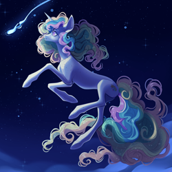 Size: 4000x4000 | Tagged: safe, artist:meggychocolatka, oc, oc only, pony, unicorn, g4, cloud, commission, concave belly, curly mane, curly tail, female, floating, long tail, mare, night, night sky, outdoors, shooting star, simple background, sky, slender, solo, stars, tail, thin