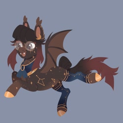 Size: 2000x2000 | Tagged: safe, alternate version, artist:toshitoki, oc, oc only, oc:astral bites, bat pony, bat pony oc, clothes, colored hooves, fangs, female, flying, glasses, gray background, high res, leggings, mare, open mouth, open smile, simple background, smiling, solo, spread wings, tail, wings