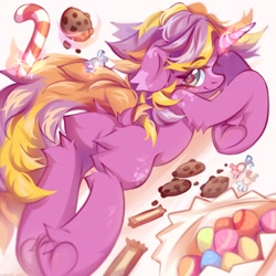 Size: 2159x2160 | Tagged: safe, artist:vanilla-chan, oc, oc only, oc:somber sorbet, pony, unicorn, butt, candy, candy cane, cookie, eye clipping through hair, eyebrows, eyebrows visible through hair, female, food, frog (hoof), glowing, glowing horn, high res, hoofbutt, horn, levitation, looking at you, looking back, looking back at you, lying down, magic, magic aura, mare, plot, prone, smiling, smiling at you, solo, sparkles, telekinesis, underhoof, unicorn oc