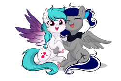 Size: 3000x2000 | Tagged: safe, artist:cottonheart05, oc, oc only, oc:cotton heart, oc:sofia reds, pegasus, pony, 2024 community collab, derpibooru community collaboration, duo, duo female, female, high res, hug, mare, pegasus oc, simple background, spread wings, transparent background, wings