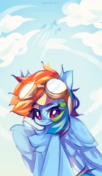 Size: 1195x2048 | Tagged: safe, artist:vanilla-chan, rainbow dash, pegasus, pony, g4, chest fluff, cloud, cute, dashabetes, eye clipping through hair, eyebrows, eyebrows visible through hair, female, goggles, goggles on head, looking at you, mare, sky, solo, wings
