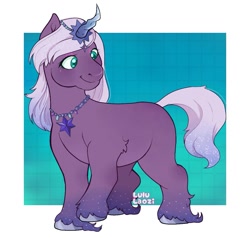 Size: 1165x1110 | Tagged: safe, artist:lululaozi, violet frost, auroricorn, pony, g5, my little pony: make your mark, my little pony: make your mark chapter 6, secrets of starlight, spoiler:g5, chubby, female, horn, jewelry, mare, necklace, passepartout, signature, smiling, solo, tail, unshorn fetlocks