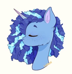 Size: 715x735 | Tagged: safe, artist:lululaozi, misty brightdawn, pony, unicorn, g5, bust, cheek fluff, cornrows, eyes closed, female, freckles, horn, mare, portrait, signature, simple background, solo, white background