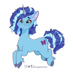 Size: 1039x1060 | Tagged: safe, artist:lululaozi, misty brightdawn, pony, unicorn, g5, chest fluff, cornrows, female, freckles, horn, looking at you, mare, signature, simple background, smiling, smiling at you, solo, unshorn fetlocks, white background