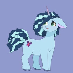 Size: 1066x1060 | Tagged: safe, artist:lululaozi, misty brightdawn, pony, unicorn, g5, blue background, cornrows, female, floppy ears, horn, mare, open mouth, simple background, solo, tail, unshorn fetlocks