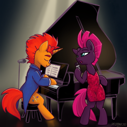 Size: 2048x2048 | Tagged: safe, artist:pfeffaroo, fizzlepop berrytwist, tempest shadow, oc, oc:sunflare, unicorn, g4, bipedal, canon x oc, clothes, dress, glasses, high res, microphone, music notes, musical instrument, piano, sequins, singing, stool, tuxedo