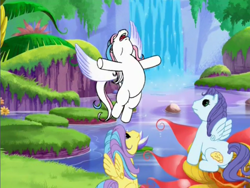 Size: 800x600 | Tagged: safe, screencap, bubble balloon, scoop smile, star catcher, pegasus, friends are never far away, g3, faic, flying, lake, looking at someone, looking up, multicolored hair, out of context, pond, pose, sitting, t pose, trio, water, waterfall