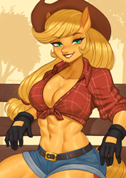 Size: 1754x2480 | Tagged: safe, artist:nire, edit, editor:spookitty, applejack, earth pony, anthro, g4, abs, ambiguous facial structure, applejack's hat, boob freckles, breasts, busty applejack, chest freckles, cleavage, clothes, cowboy hat, denim, denim shorts, female, freckles, front knot midriff, gloves, hat, looking at you, midriff, muscles, muscular female, shirt, shorts, smiling, smiling at you, solo, stupid sexy applejack, sweat