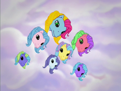 Size: 800x600 | Tagged: safe, screencap, bubble balloon, coconut grove, island delight, lyra shine, scoop smile, splish splash, thistle whistle, pegasus, pony, friends are never far away, g3, cloud, out of context