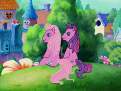 Size: 800x600 | Tagged: safe, screencap, pinkie pie (g3), skywishes, earth pony, pony, friends are never far away, g3, duo, flower, grass, hill, house, outdoors, sitting, tree