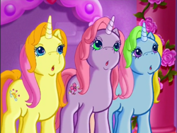 Size: 800x600 | Tagged: safe, screencap, brights brightly, cheerilee (g3), whistle wishes, pony, unicorn, g3, the runaway rainbow, :o, looking at something, open mouth, trio, unicornia