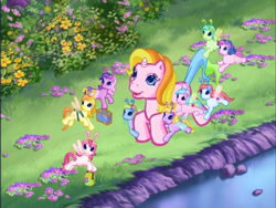 Size: 800x600 | Tagged: safe, screencap, rarity (g3), tiddly wink, tra-la-la, zipzee, breezie, pony, unicorn, g3, the runaway rainbow, bush, flower, grass, lying down, outdoors, prone, river, sploot, unicornia, unnamed breezie, unnamed character, water