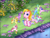 Size: 800x600 | Tagged: safe, screencap, rarity (g3), tiddly wink, tra-la-la, zipzee, breezie, pony, unicorn, g3, the runaway rainbow, aloes, bush, daisyslow, flights shine, flower, grass, lying down, midnight (g3), outdoors, pink velvet, prone, river, sploot, twinkle (g3), unicornia, water