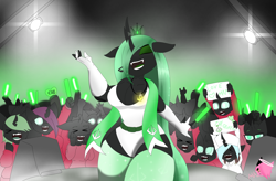 Size: 4096x2688 | Tagged: safe, artist:mairiathus, queen chrysalis, changeling, changeling queen, anthro, g4, ><, clothes, concert, crowd, crown, devil horn (gesture), eyes closed, fangs, green changeling, happy, horn, jewelry, leotard, light, necklace, neon, regalia