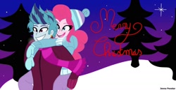 Size: 1920x989 | Tagged: safe, artist:jenna56, pinkie pie, sonata dusk, human, equestria girls, g4, breath, christmas, duo, duo male and female, equestria guys, female, grin, half r63 shipping, holiday, male, merry christmas, open mouth, open smile, rule 63, scherzo lesto, shipping, smiling, straight