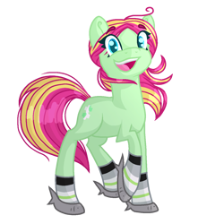 Size: 1200x1200 | Tagged: safe, artist:lindasaurie, derpibooru exclusive, oc, oc only, oc:strawi dinosaur, earth pony, pony, 2024 community collab, derpibooru community collaboration, agender, agender pride flag, clothes, colored lineart, earth pony oc, eye clipping through hair, eyebrows, eyebrows visible through hair, happy, looking at you, open mouth, ponysona, ponytail, pride, pride flag, simple background, slippers, socks, solo, transparent background