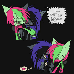 Size: 1280x1280 | Tagged: safe, artist:burnedmuffinz, oc, oc only, oc:m0nster, oc:spr1te, earth pony, monster pony, pony, undead, zombie, zombie pony, black background, cheek kiss, clothes, earth pony oc, eyes closed, glasses, half body, heart, holding hooves, hoodie, kissing, lesbian, oc x oc, shipping, shirt, simple background, speech bubble, stitches, text, yelling