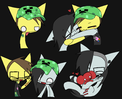 Size: 1280x1045 | Tagged: safe, artist:burnedmuffinz, earth pony, pony, black background, clothes, clothes swap, creeper, cuddling, deadmau5, doodle sheet, duo, duo male, ear piercing, gay, glasses, hat, heart, lip piercing, male, nyan cat, piercing, ponified, shirt, simple background, skrillex, skrillmau5, skrillpony, snake bites, tattoo, tongue out, xd