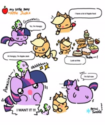 Size: 1722x2047 | Tagged: safe, artist:petaltwinkle, applejack, spike, twilight sparkle, dragon, earth pony, pony, unicorn, friendship is magic, g4, apple, apple fritter (food), belly, belly bed, belly on floor, cake, chest fluff, comic, cupcake, dialogue, drool, female, food, impossibly large belly, male, mare, missing cutie mark, parody, pie, riding, simple background, speech bubble, spike riding twilight, stuffed, stuffed belly, stuffing, tail, tail wrap, trio, unicorn twilight, uwu, white background