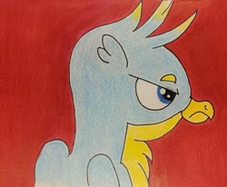 Size: 1731x1427 | Tagged: safe, artist:polar_storm, gallus, griffon, g4, annoyed, blue eyes, bust, colored, red background, simple background, solo, traditional art