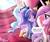 Size: 1440x1212 | Tagged: safe, artist:petaltwinkle, princess cadance, princess celestia, princess luna, twilight sparkle, alicorn, pony, g4, alicorn tetrarchy, dialogue, eye clipping through hair, eyebrows, eyebrows visible through hair, female, mare, nervous, nervous smile, nervous sweat, new crown, sitting, smiling, speech bubble, sweat, sweatdrop, twilight sparkle (alicorn)