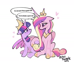 Size: 1440x1212 | Tagged: safe, artist:petaltwinkle, princess cadance, twilight sparkle, alicorn, pony, g4, comforting, covering, crown, crying, duo, eye clipping through hair, eyebrows, eyebrows visible through hair, eyelashes, female, floating heart, floppy ears, heart, height difference, holding hooves, hoof shoes, horn, jewelry, long horn, mare, peytral, princess shoes, regalia, sad, signature, simple background, twilight sparkle (alicorn), wavy mouth, white background, wing covering, wings