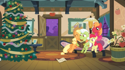 Size: 1333x750 | Tagged: safe, edit, edited screencap, screencap, apple bloom, applejack, big macintosh, granny smith, earth pony, apple family reunion, g4, apple family, christmas, christmas tree, female, filly, holiday, male, mare, stallion, tree