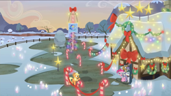 Size: 1333x750 | Tagged: safe, edit, edited screencap, screencap, applejack, cloudy quartz, igneous rock pie, limestone pie, marble pie, pinkie pie, g4, hearthbreakers, bell, bow, candy, candy cane, christmas, christmas decoration, christmas lights, christmas morning, decoration, flag of equestria, food, happy, hearth's warming, holiday, pie family, pie family home, pie sisters, rock farm, siblings, sisters, smiling, stars, when she smiles, wreath