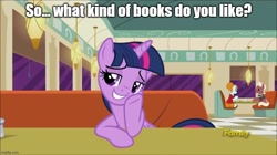 Size: 888x499 | Tagged: safe, edit, edited screencap, screencap, beaude mane, joan pommelway, twilight sparkle, alicorn, g4, the saddle row review, book, booth, bronybait, caption, diner, image macro, imgflip, impact font, smuglight sparkle, talking to viewer, text, that pony sure does love books, twilight sparkle (alicorn)