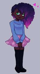 Size: 369x685 | Tagged: safe, artist:kreeeeeez, misty brightdawn, human, g5, clothes, cornrows, cute, dark skin, female, freckles, heart, humanized, loafers, looking at you, mistybetes, rebirth misty, shoes, simple background, skirt, smiling, smiling at you, solo, stockings, sweater, thigh highs