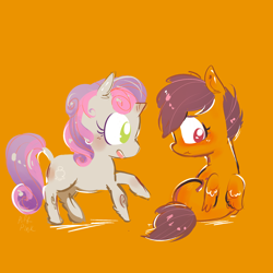 Size: 2000x2000 | Tagged: safe, artist:puffpink, scootaloo, sweetie belle, pegasus, g4, female, high res, lesbian, orange background, ship:scootabelle, shipping, simple background