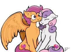 Size: 899x637 | Tagged: safe, artist:thatdrawingnerd, scootaloo, sweetie belle, pegasus, pony, unicorn, g4, blushing, chest fluff, female, lesbian, scrunchy face, ship:scootabelle, shipping, simple background, white background