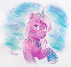Size: 2203x2091 | Tagged: safe, artist:noasha, violet frost, auroricorn, pony, g5, my little pony: make your mark, my little pony: make your mark chapter 6, secrets of starlight, spoiler:g5, spoiler:my little pony: make your mark, spoiler:my little pony: make your mark chapter 6, spoiler:mymc06e04, female, high res, horn, jewelry, looking at you, mare, necklace, pencil drawing, raised hoof, solo, traditional art, unshorn fetlocks, watercolor painting, watercolor pencil drawing