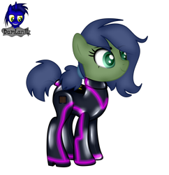 Size: 3536x3652 | Tagged: safe, alternate version, artist:damlanil, oc, oc only, oc:gray hat, earth pony, pony, battery, bodysuit, catsuit, clothes, collar, commission, cute, female, high heels, high res, latex, latex suit, mare, rubber, shiny, shoes, show accurate, simple background, solo, standing, suit, transparent background, vector