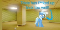 Size: 800x399 | Tagged: safe, artist:c4n4ry0nl1n3, edit, trixie, pony, unicorn, g4, censored, censored vulgarity, it was at this moment that she knew she fucked up, solo, the backrooms, this ended in pain, this will end in tears