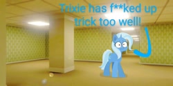 Size: 800x399 | Tagged: safe, artist:c4n4ry0nl1n3, edit, trixie, pony, unicorn, g4, :t, censored, censored vulgarity, dialogue, it was at this moment that she knew she fucked up, lens flare, solo, the backrooms, this ended in pain, this will end in tears, wide eyes