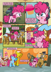 Size: 1920x2715 | Tagged: safe, artist:alexdti, carrot cake, cup cake, igneous rock pie, pinkie pie, earth pony, pony, comic:how we met, g4, cart, cupcake, female, filly, filly pinkie pie, food, younger