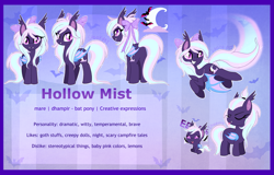 Size: 3183x2037 | Tagged: safe, artist:spookyle, oc, oc:hollow mist, bat pony, pony, eeee, female, high res, mare, reference sheet, solo