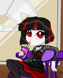 Size: 1347x1642 | Tagged: safe, artist:tillypony, oc, oc only, oc:raven moon, human, undead, vampire, equestria girls, g4, beautiful, bubble tea, cute, drink, female, goth, red eyes, short hair, solo