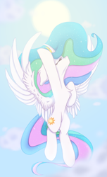 Size: 1942x3202 | Tagged: safe, artist:lony, princess celestia, alicorn, pony, g4, belly, chest fluff, concave belly, crown, curved horn, ethereal mane, ethereal tail, eyes closed, female, flying, horn, jewelry, long mane, long tail, majestic, mare, no mouth, regalia, sky, solo, spread wings, starry mane, starry tail, sun, tail, wings